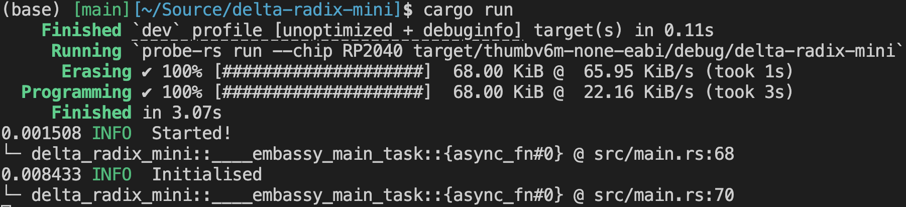 Console window showing a probe-rs upload, and then two messages - "Started" and "Initialised" - logged from defmt