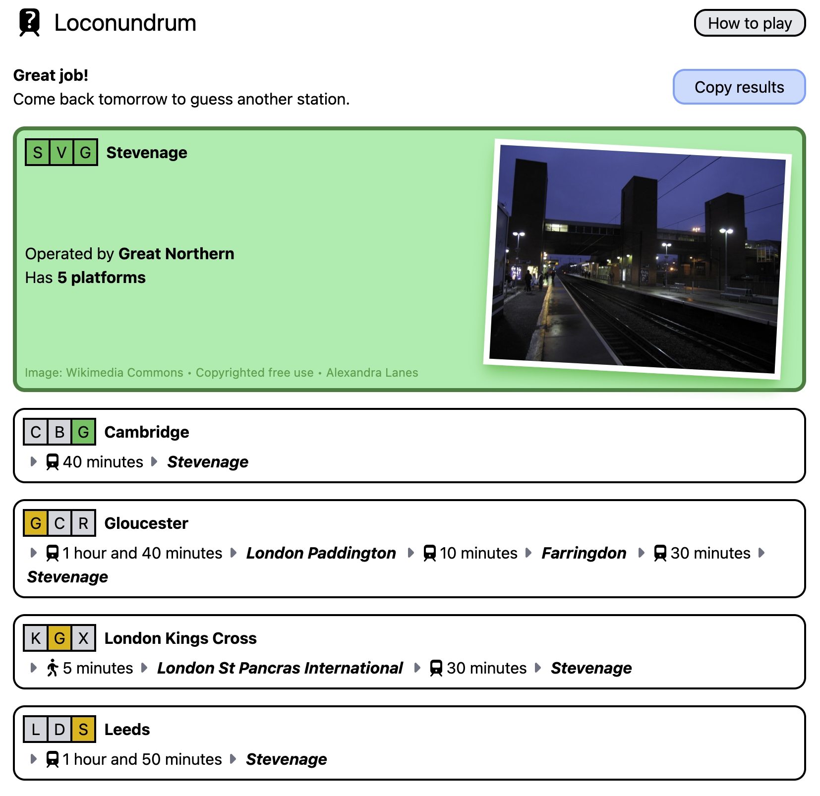 A series of guesses, starting with Leeds, which shows a 1-hour 50-minute journey time to the answer. After several more guesses, the answer of Stevenage is revealed.