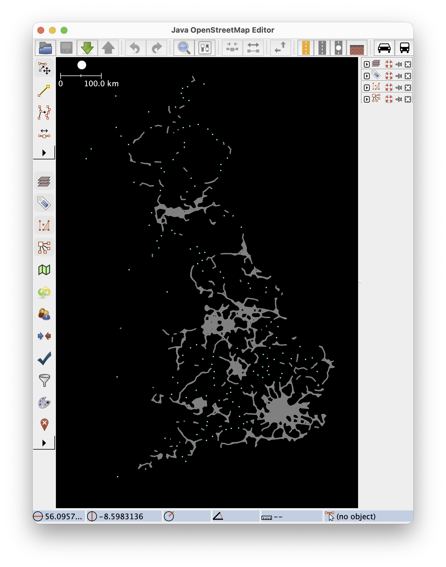 A screenshot of Java OpenStreetMap editor showing lots of grey lines which vaguely follow the shape of Britain.